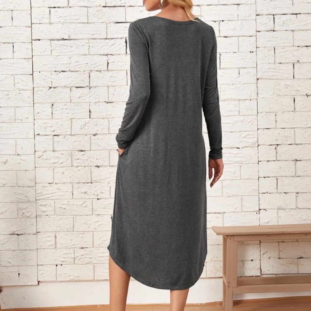 Long sleeve curved hem midi dress POCKETS red - Picture 4 of 8